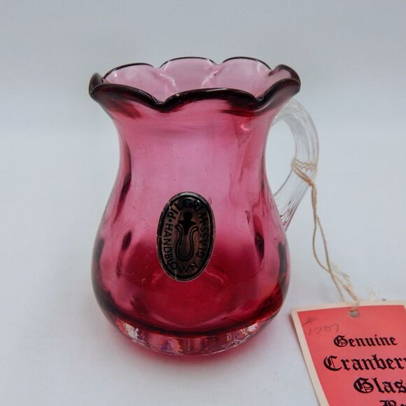 Pilgrim Glass Handblown Cranberry Vase Pitcher Applied Clear Handle 4 Inch Tags - Picture 2 of 13